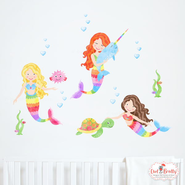 Mermaid Trio Fabric Wall Stickers Scene - Rainbow