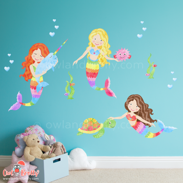 3 rainbow coloured mermaid wall decal stickers with animals, to fill a small area in on a child's wall.