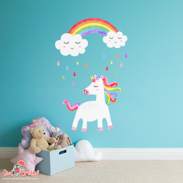 Unicorn and rainbow clouds wall sticker decals for girls bedrooms and play room spaces. An ideal decal set for a small space with a rainbow theme.
