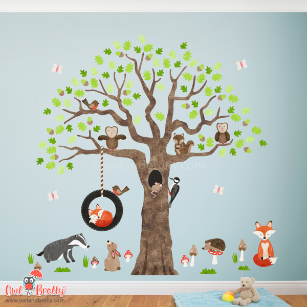 Woodland Animals with Oak Tree Fabric Wall Stickers (Large Scene)