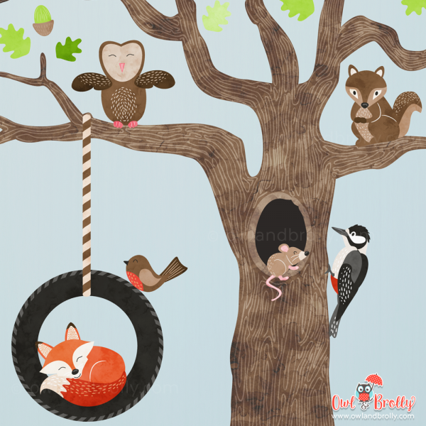 Woodland Animals with Oak Tree Fabric Wall Stickers (Large Scene) - Image 2