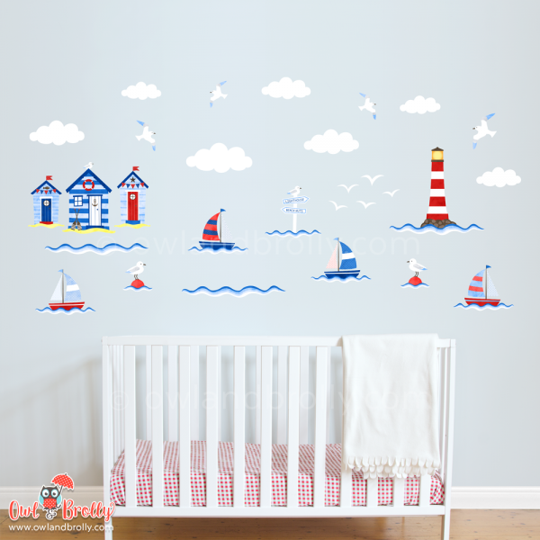 Beach Huts, Boats and Lighthouse Wall Stickers Scene (medium scene)
