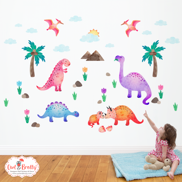 Dinosaur Wall Stickers Medium Scene (Pink Peach Purple Blue Orange)