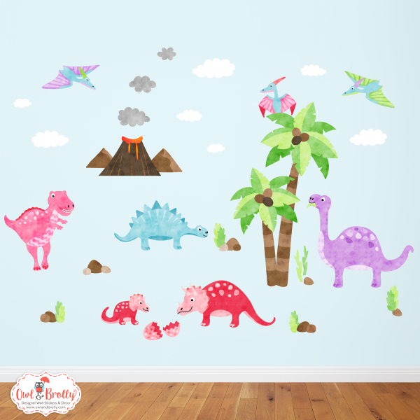 Dinosaur Wall Stickers Medium Scene (Pink Purple Aqua Red)