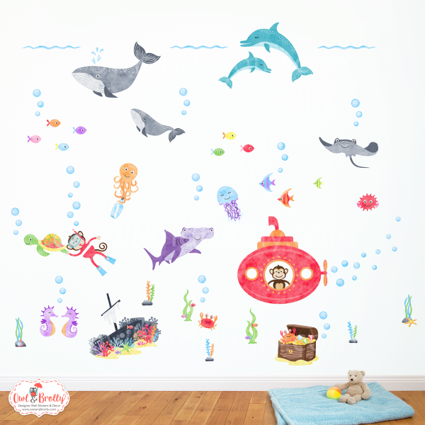Underwater Animals and Swimming Monkeys Wall Stickers (Medium Scene)