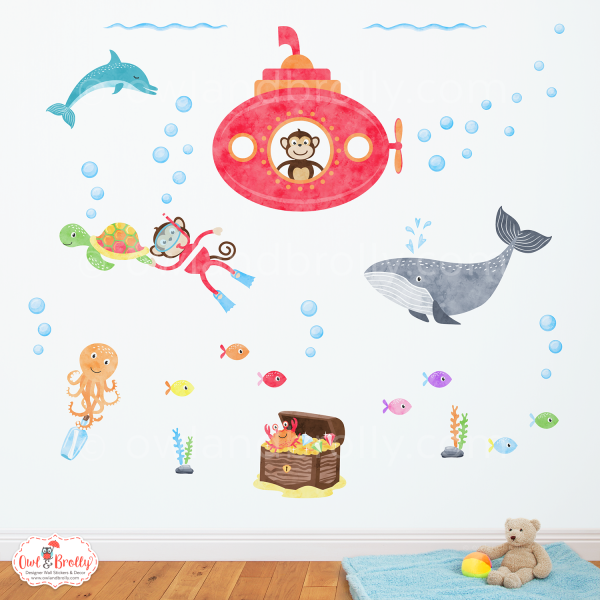 Underwater Animals and Swimming Monkeys Wall Stickers (Medium Scene) - Image 3