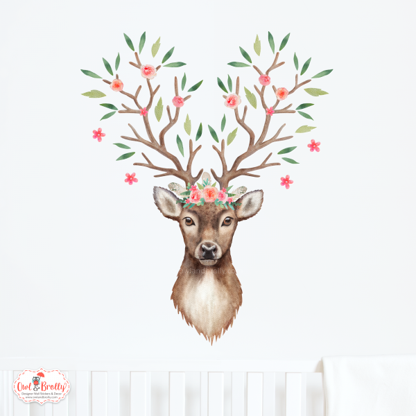 Watercolour Stag With Boho Floral Branch Antlers Wall Sticker