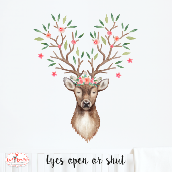 Watercolour Stag With Boho Floral Branch Antlers Wall Sticker - Image 2
