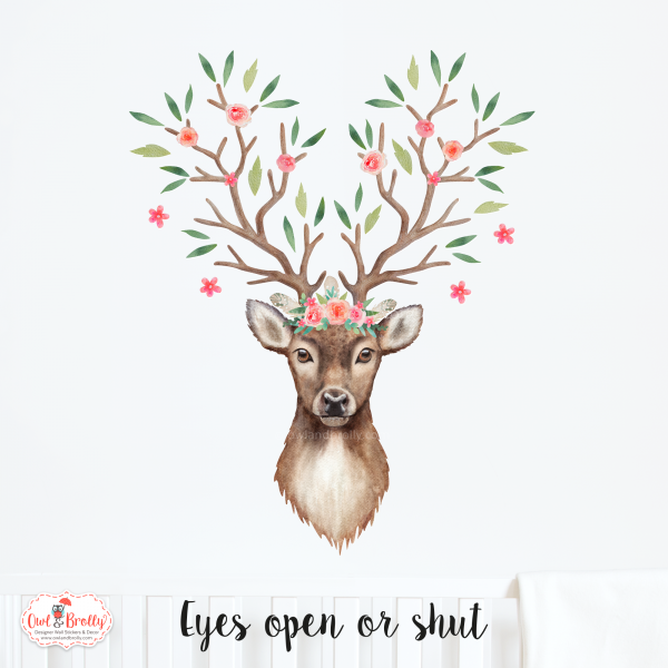 Watercolour Stag With Boho Floral Branch Antlers Wall Sticker - Image 3