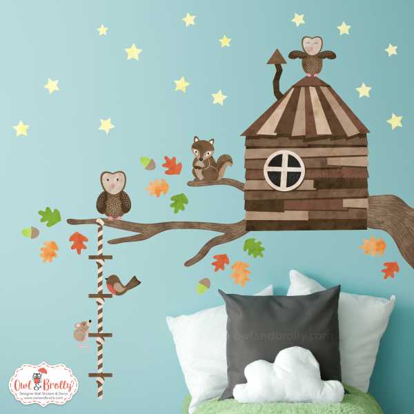 Woodland Animals Branch Tree House Wall Stickers in Autumn Colours (Small)