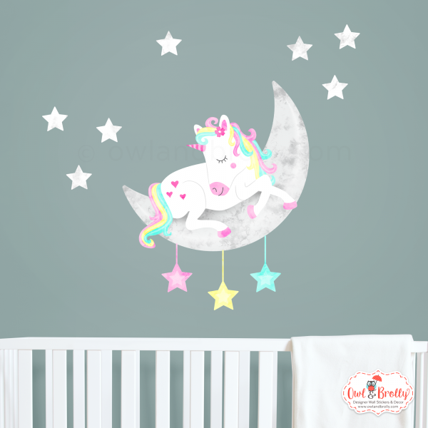 Unicorn sleeping on the moon wall sticker - aqua pink yellow