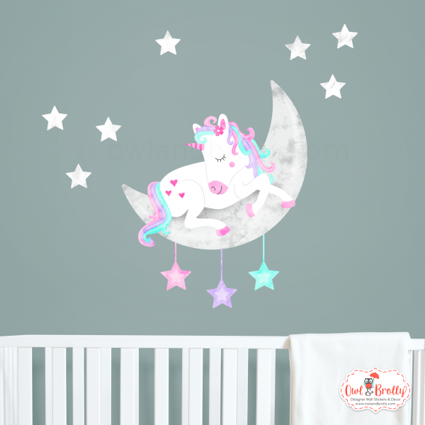 Unicorn sleeping on the moon wall sticker - aqua pink and purple