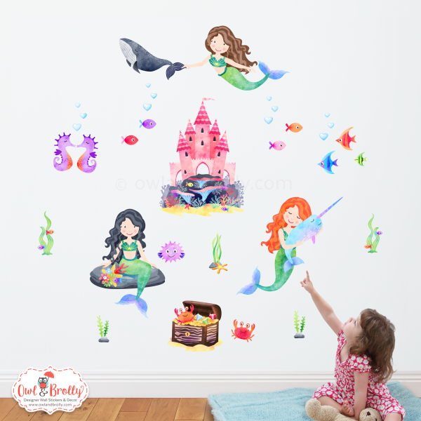 Mermaids with Castle and Underwater Animals Fabric Wall Stickers Scene (Medium Scene Green Mermaids)