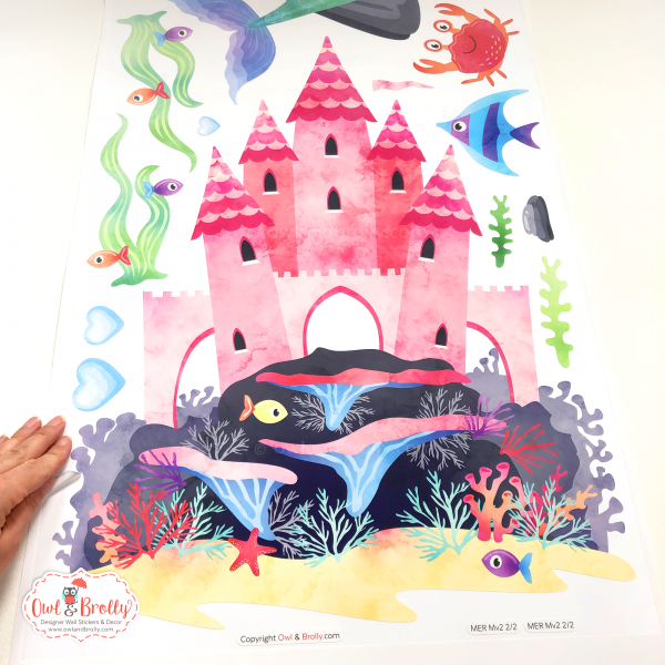 Mermaids with Castle and Underwater Animals Fabric Wall Stickers Scene (Medium scene Rainbow Colours) - Image 2
