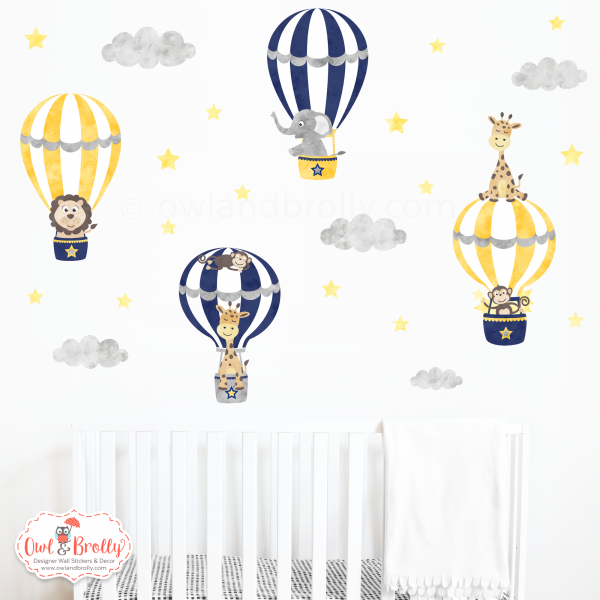 Jungle Animal Hot Air Balloons Wall Stickers (Navy Blue, Yellow and Greys)