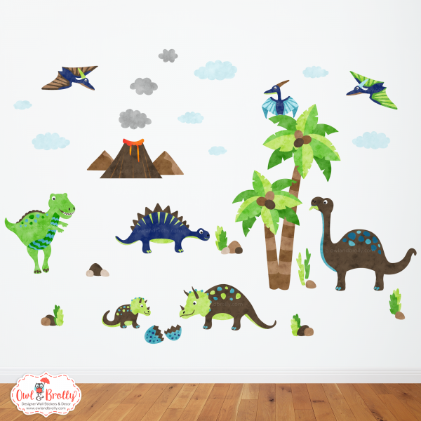 Dinosaur Wall Stickers Medium Scene (Brown Green Navy Blue)
