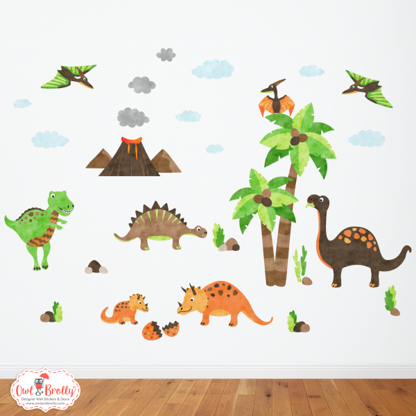 Dinosaur Wall Stickers Medium Scene (Brown Green Orange)