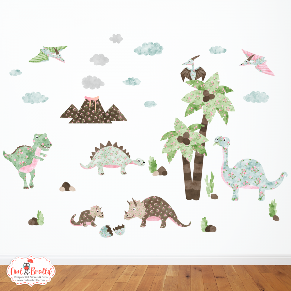 Dinosaur Wall Stickers Medium Scene (Rose Floral Brown Green Pale Blue Pinks)