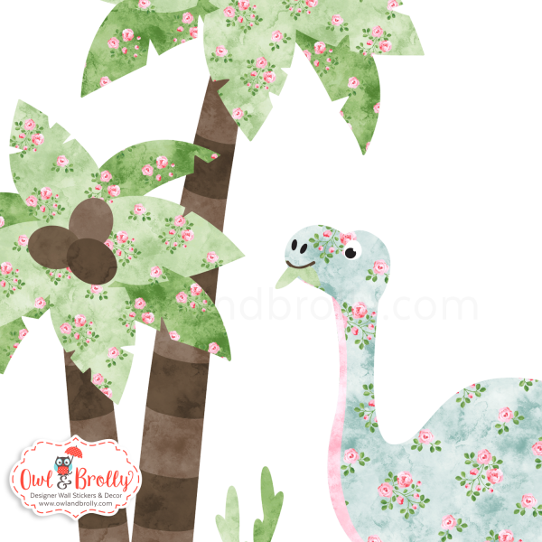 Dinosaur Wall Stickers Medium Scene (Rose Floral Brown Green Pale Blue Pinks) - Image 2