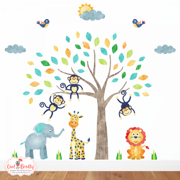 Jungle Safari Fabric Wall Sticker Decals Medium Scene (Bright Neutral Colours)