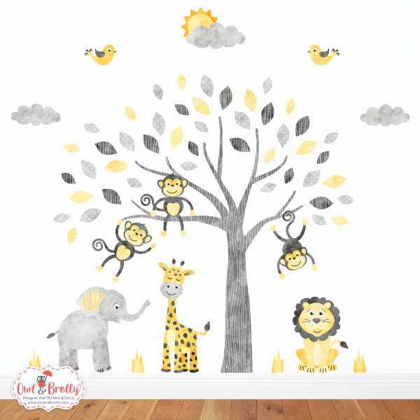 Jungle Safari Fabric Wall Sticker Decals Medium Scene (Mustard Yellow and Grey)