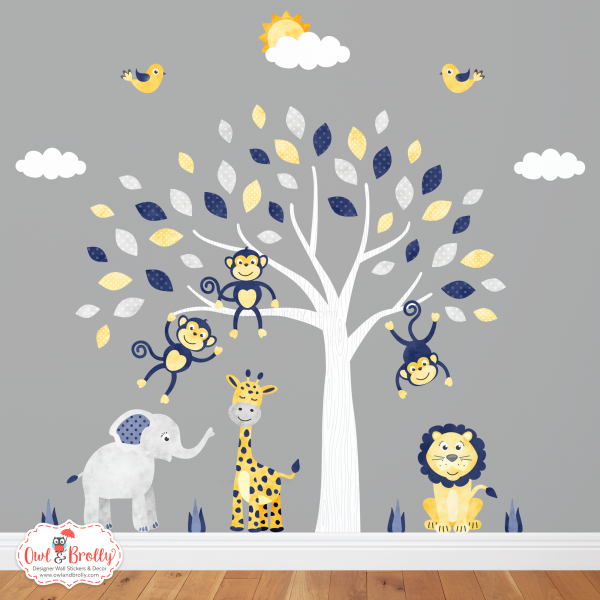 Jungle Safari Fabric Wall Sticker Decals Medium Scene (Mustard Yellow, Navy Blue, Grey)