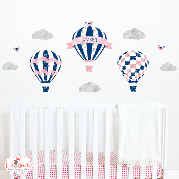 Vintage Floral Hot Air Balloons Small Scene (Navy Pink Floral)
