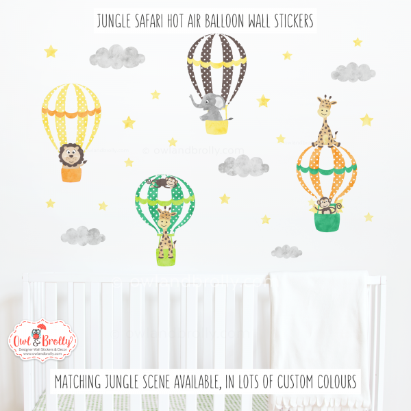 Jungle Safari Animal Hot Air Balloons Wall Stickers (orange, green, yellow, brown)