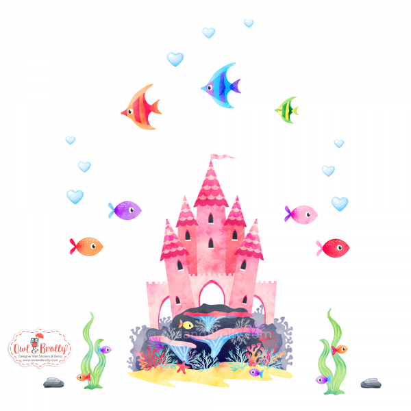 Mermaids Castle and Underwater Fish Fabric Wall Stickers Scene (Small scene)