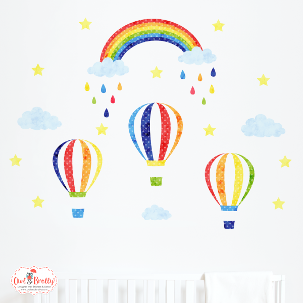 3 Rainbow Hot Air Balloons Wall Stickers with Rainbow in Deeper Colours (medium scene) - Image 6