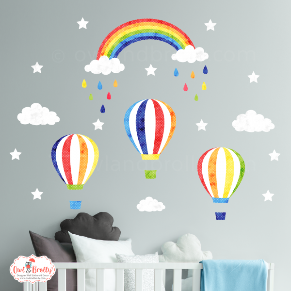 3 Rainbow Hot Air Balloons Wall Stickers with Rainbow in Deeper Colours (medium scene) - Image 8