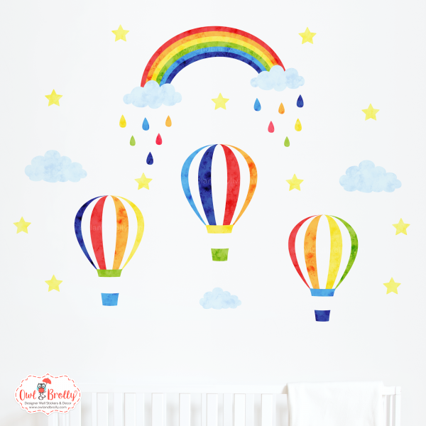 3 Rainbow Hot Air Balloons Wall Stickers with Rainbow in Deeper Colours (medium scene)