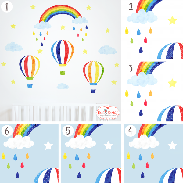 3 Rainbow Hot Air Balloons Wall Stickers with Rainbow in Deeper Colours (medium scene) - Image 2