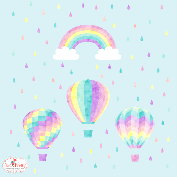 Rainbow, Raindrops and Hot Air Balloon Wall Stickers in Full Pastel Colours (Aqua, Purple, Pink, Peach and Yellow with White Clouds)