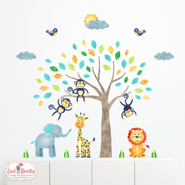 Jungle Safari Fabric Wall Sticker Decals Smaller Scene (Bright Neutral Colours)