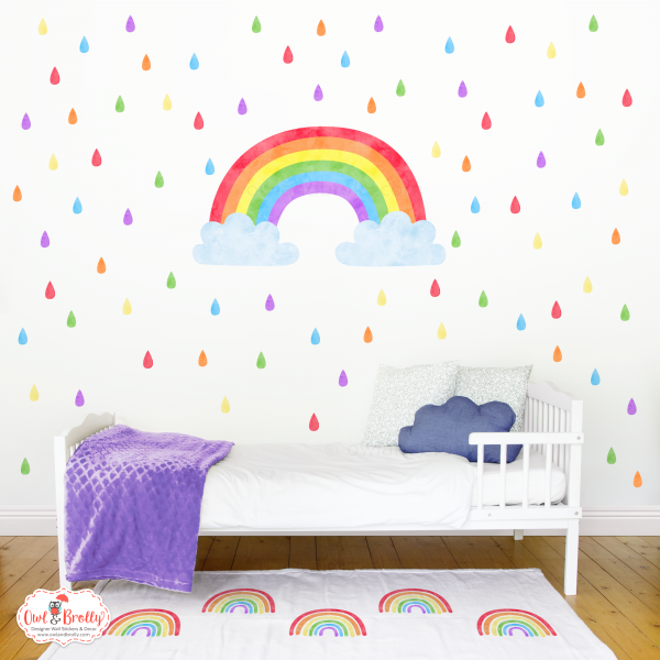 Rainbow wall sticker with extra raindrops - large with 6 colours
