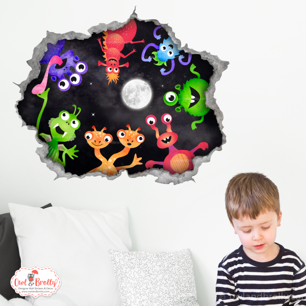Hole in the wall wall sticker - monsters and aliens