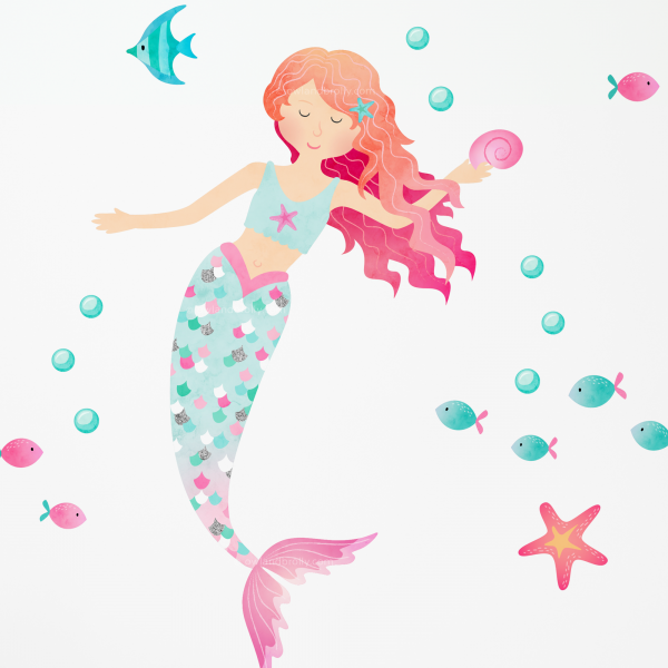 Mermaid Wall Stickers - Whimsical Pinks Green Aqua and Silver Printed Glitter Effect - Image 2