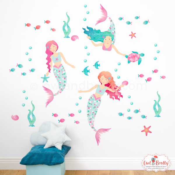 Mermaid Wall Stickers - Whimsical Pinks Green Aqua and Silver Printed Glitter Effect