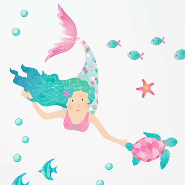 Mermaid Wall Stickers - Whimsical Pinks Green Aqua and Silver Printed Glitter Effect - Image 3