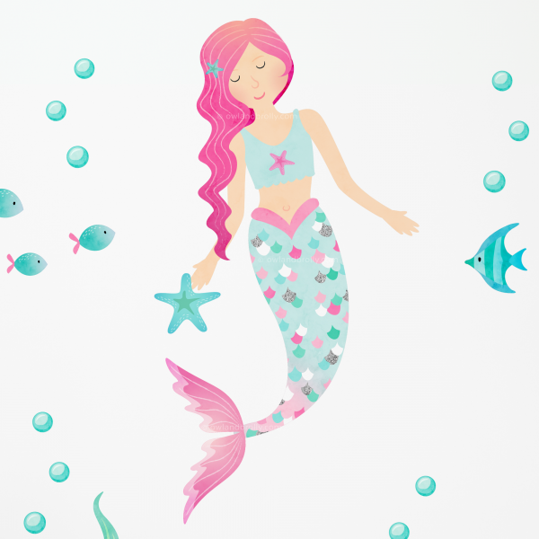 Mermaid Wall Stickers - Whimsical Pinks Green Aqua and Silver Printed Glitter Effect - Image 4