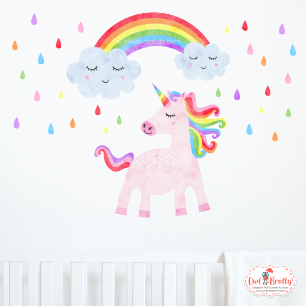 Unicorn Wall Sticker With Happy Face Rainbow and Rain Drops (small scene)
