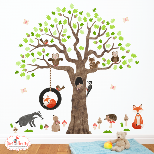 Woodland Animals with Oak Tree Fabric Wall Stickers (Large scene) White Wall Version