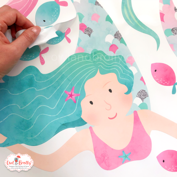 Mermaid Wall Stickers - Whimsical Pinks Green Aqua and Silver Printed Glitter Effect - Image 7