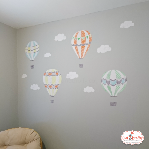 Hot Air Balloon Fabric Wall Stickers with Clouds in Slate Grey, Mint, Turquoise, Carrot Orange and Lemon Yellow Colour Scheme - Image 2