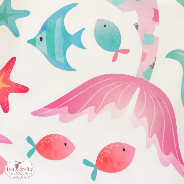Mermaid Wall Stickers - Whimsical Pinks Green Aqua and Silver Printed Glitter Effect - Image 5