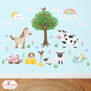 Farmyard Fabric Wall Stickers Medium Scene Pastels for Coloured Wall, With Happy Clouds