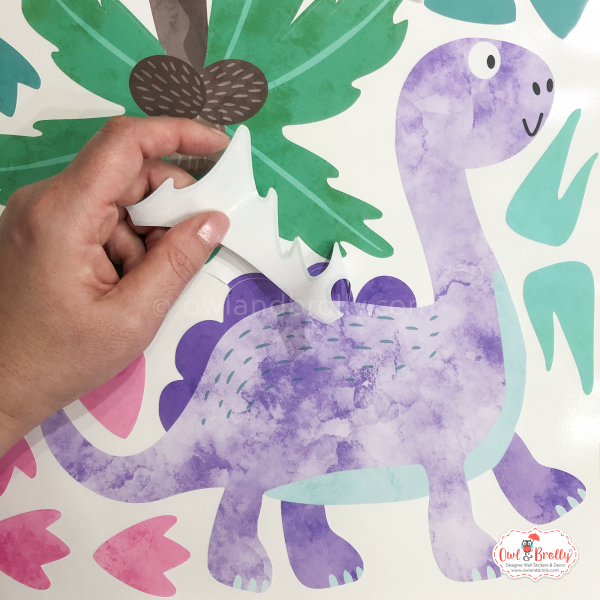 Lilac dino fabric wall sticker decals removable and reusable by owl and brolly