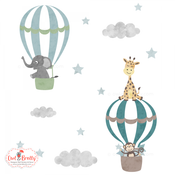 Jungle Animal Adventure Hot Air Balloons Wall Stickers (Muted Neutral Colours) - Image 3