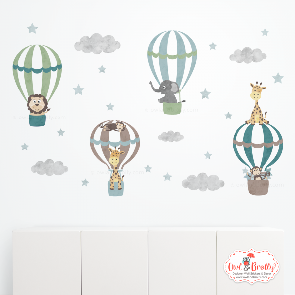 Jungle Animal Adventure Hot Air Balloons Wall Stickers (Muted Neutral Colours)